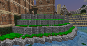 Champ en pente en bordure de ville sur Minecraft