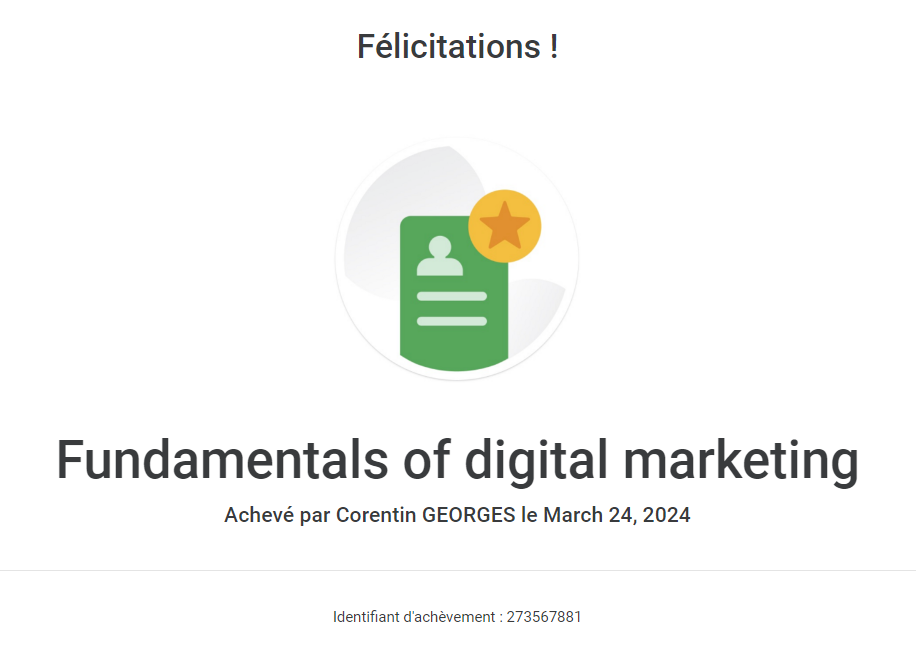 Certification Google de Corentin GEORGES - Fundamentals of digital marketing