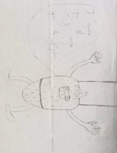 Dessin de Corentin GEORGES (du collège) - Fraise qui descend en rappel disant "j'espère qu'il n'y aura pas de pépins"