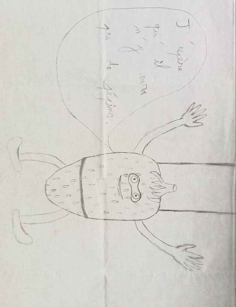 Dessin de Corentin GEORGES (du collège) - Fraise qui descend en rappel disant "j'espère qu'il n'y aura pas de pépins"
