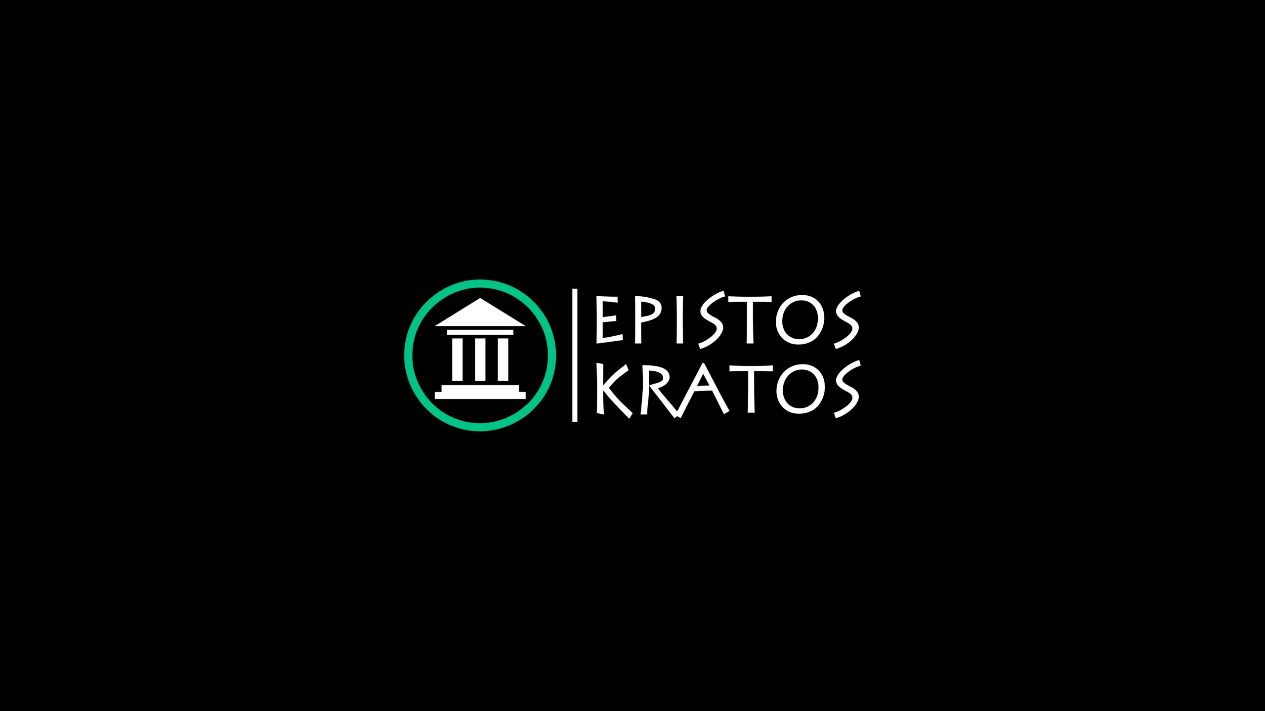 Bannière YouTube Epistos Kratos (avec logo complet : bâtiment antique dans cercle vert + barre verticale + nom sur 2 lignes)