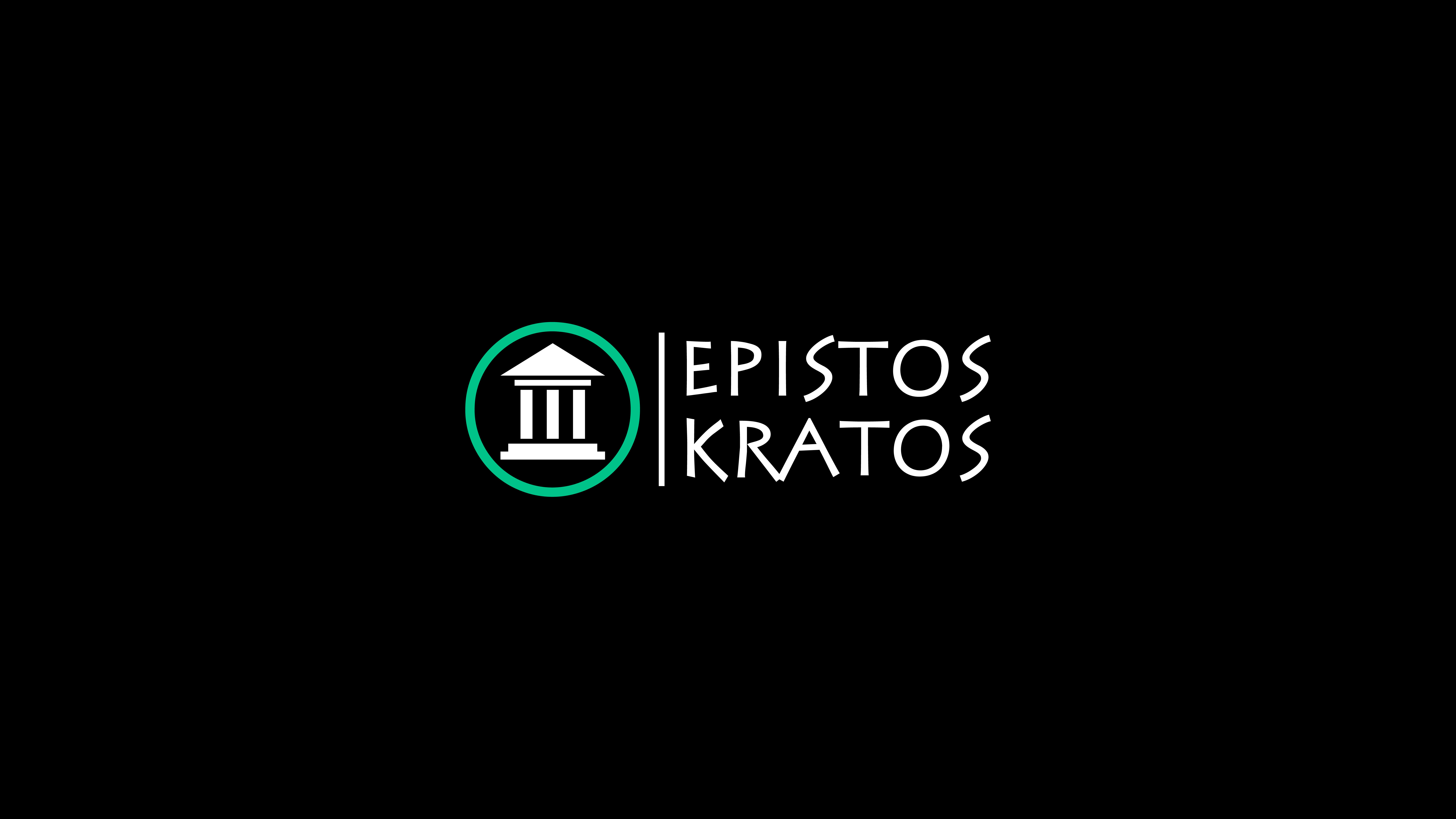 Bannière YouTube Epistos Kratos (avec logo complet : bâtiment antique dans cercle vert + barre verticale + nom sur 2 lignes)
