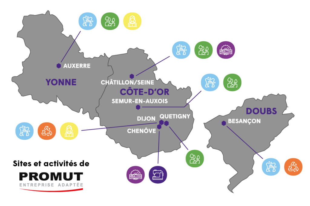 Carte 2026 des établissements de PROMUT Entreprise Adaptée (avec logos des activités par établissement) : Auxerre, Besançon, Châtillon-sur-Seine, Chenôve, Dijon, Quetigny, Semur-en-Auxois