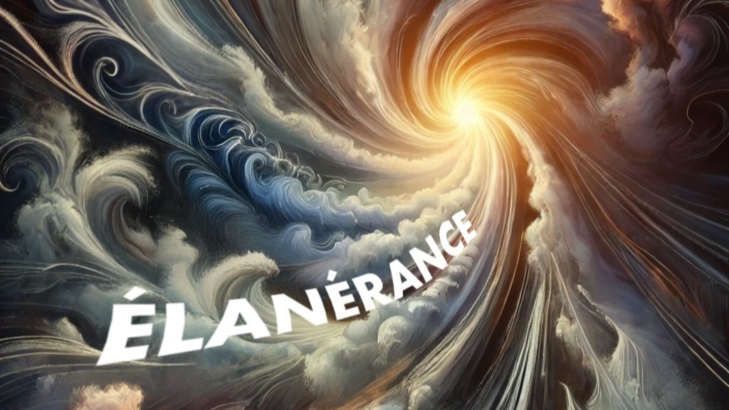 spirale de fumées bleu et rosées vers un point lumineux chaud. Un mot tombe vers ce point aussi : élanérance