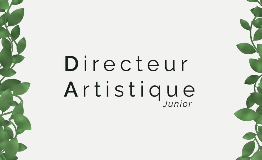 Visuel Directeur Artistique Junior, avec des lianes-feuilles sur les bordures gauche et droite