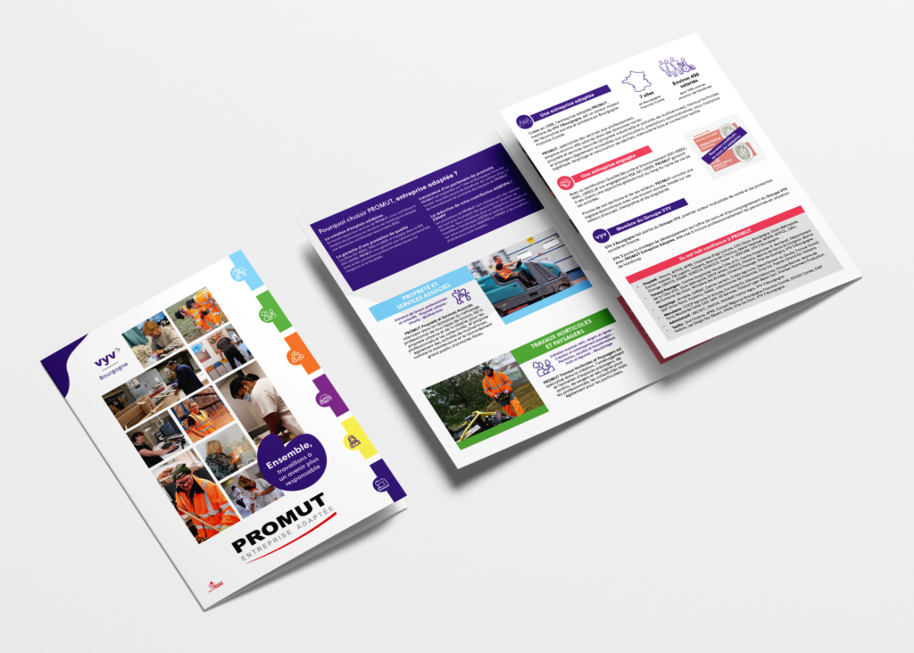 Mockup de la refonte 2026 de la plaquette commerciale 3 volets de PROMUT Entreprise Adaptée